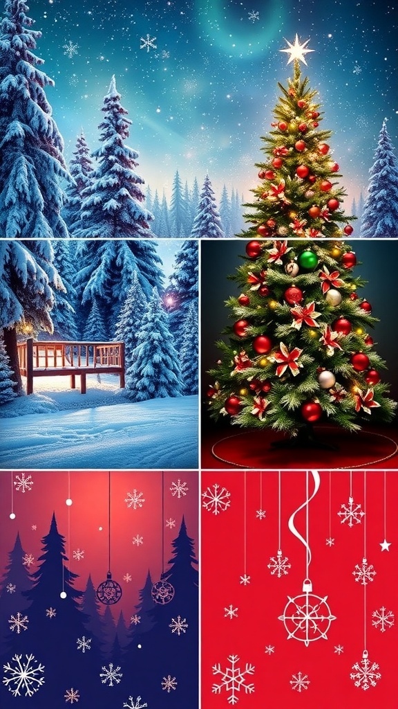 Aesthetic Christmas wallpapers for iPad featuring winter scenes, Christmas trees, and festive patterns.